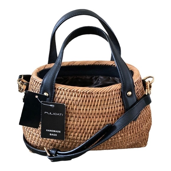 PULICATI Hand Crafted NWT Leather Trim Rattan Satchel Women's Bag - Picture 10 of 10